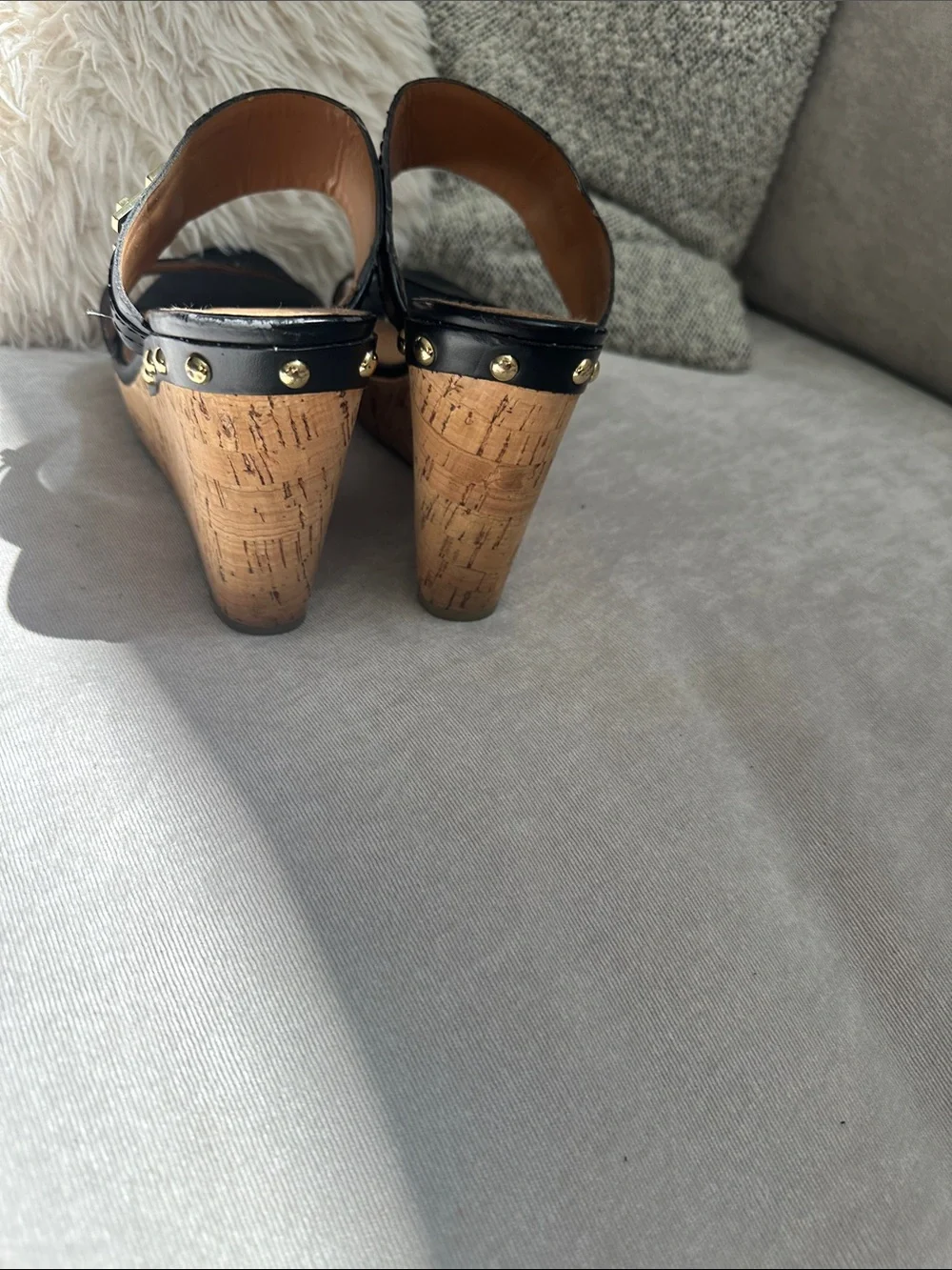Tommy Hilfiger Black Leather Cork Wedge Sandals with Gold Buckle